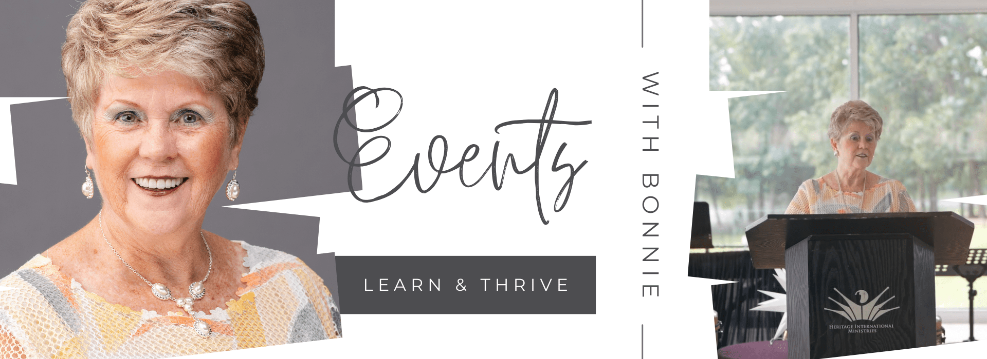A white and black logo with the words " events learn & thrive ".