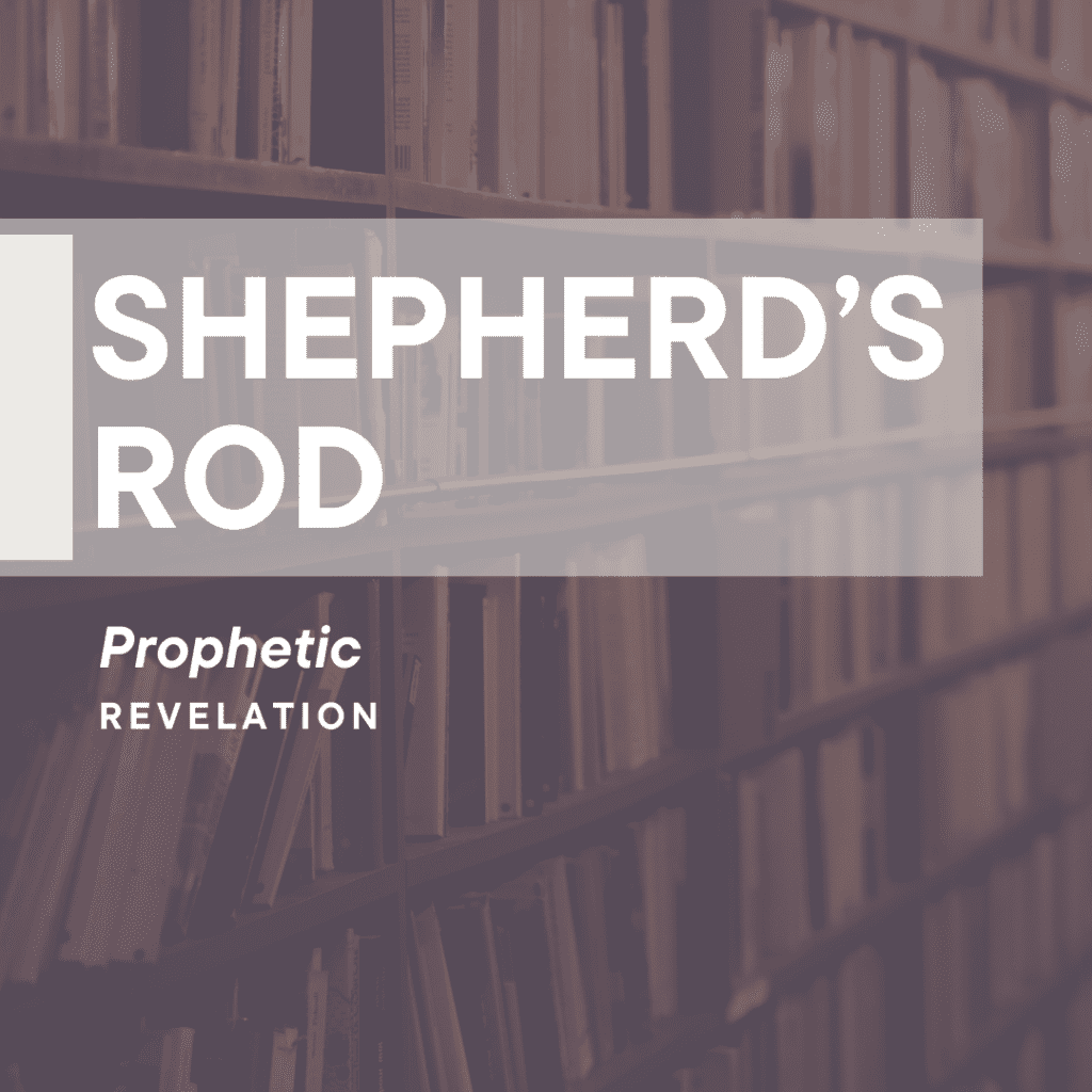A book shelf with books in it and the words " shepherd 's rod " written on top of each one.